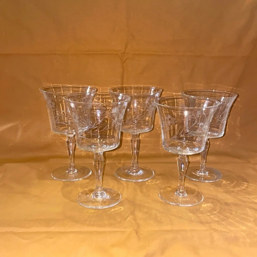 Vintage Set of 4 plus one crystal small glasses 6” tall